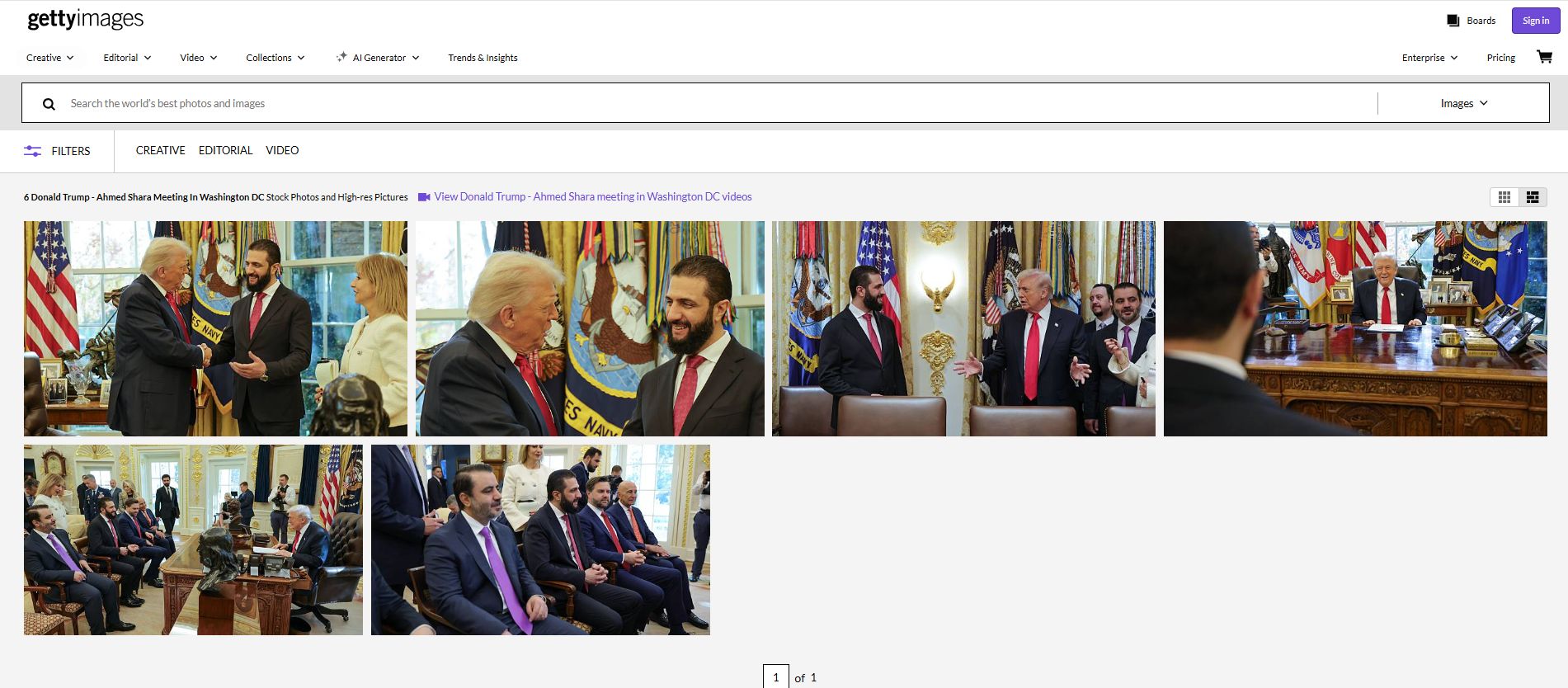 صور لقاء ترامب والشرع مؤرشفة في موقع وكالة غيتي ايماجيز في 10 تشرين الثاني 2025