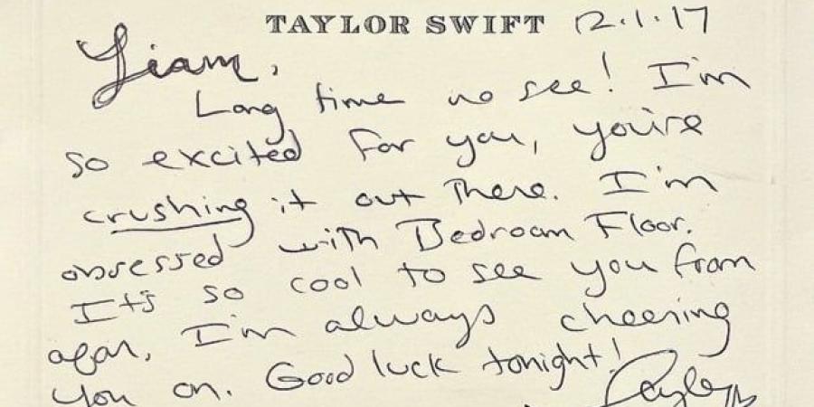 رسالة بخط يد تايلور سويفت للراحل ليام باين تُعرض في مزاد بسعر قياسي - المصدر 7